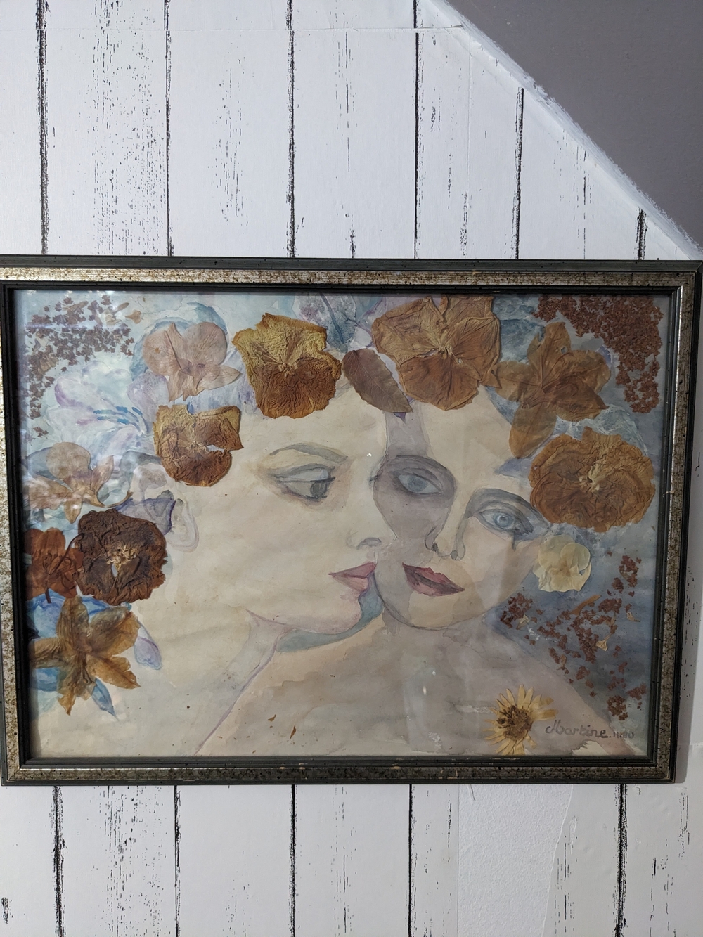 Vintage 1980 Mixed Media Portrait Pressed Flowers Framed Art Signed J Bartine